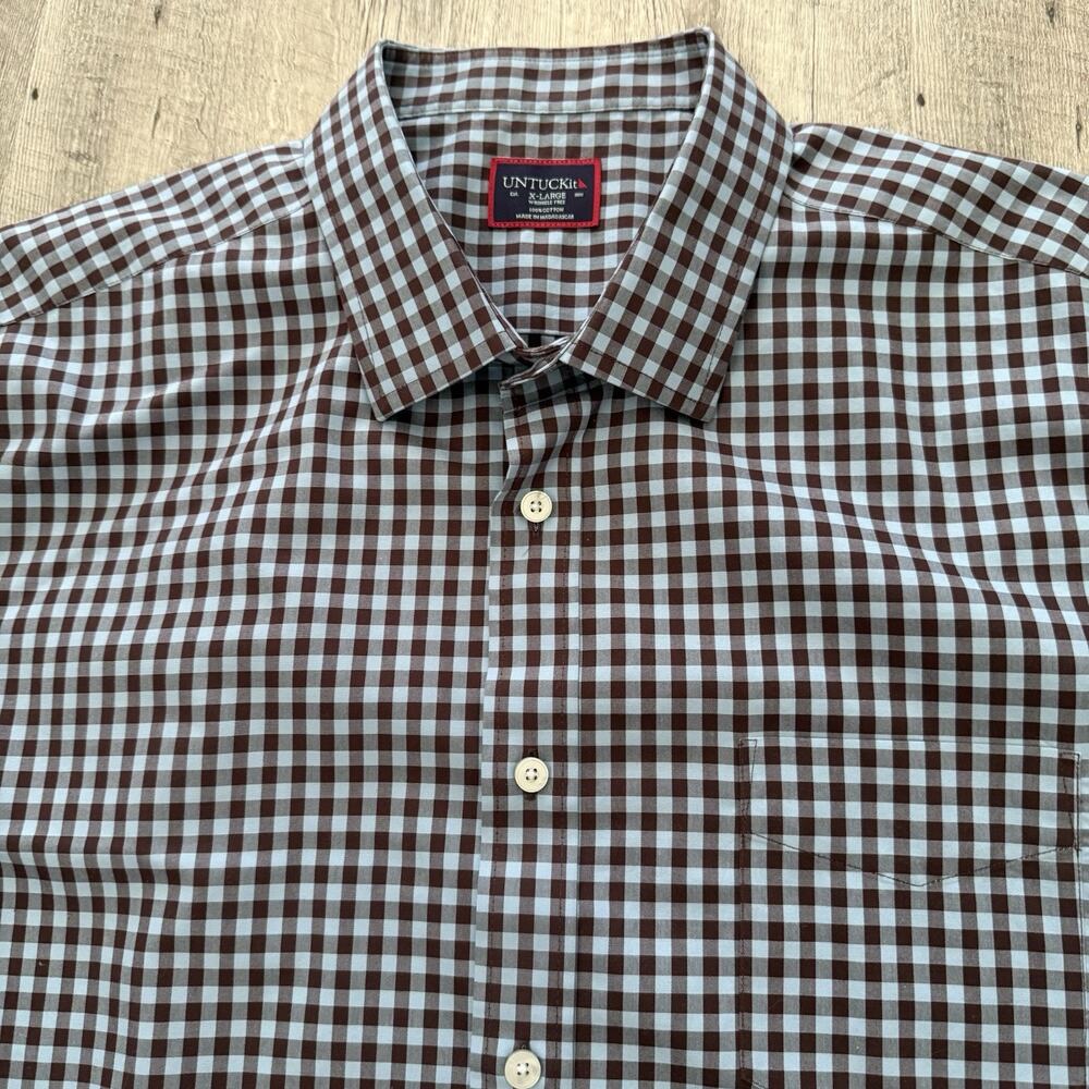 Untuckit Shirt Mens XL McLaren Button Up Blue Brown Check Plaid 100% Cotton